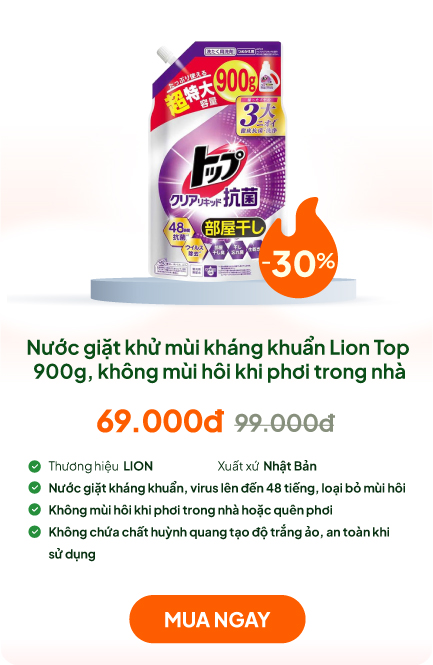 Nước giặt khử mùi kháng khuẩn Lion Top 900g, không mùi hôi khi phơi trong nhà